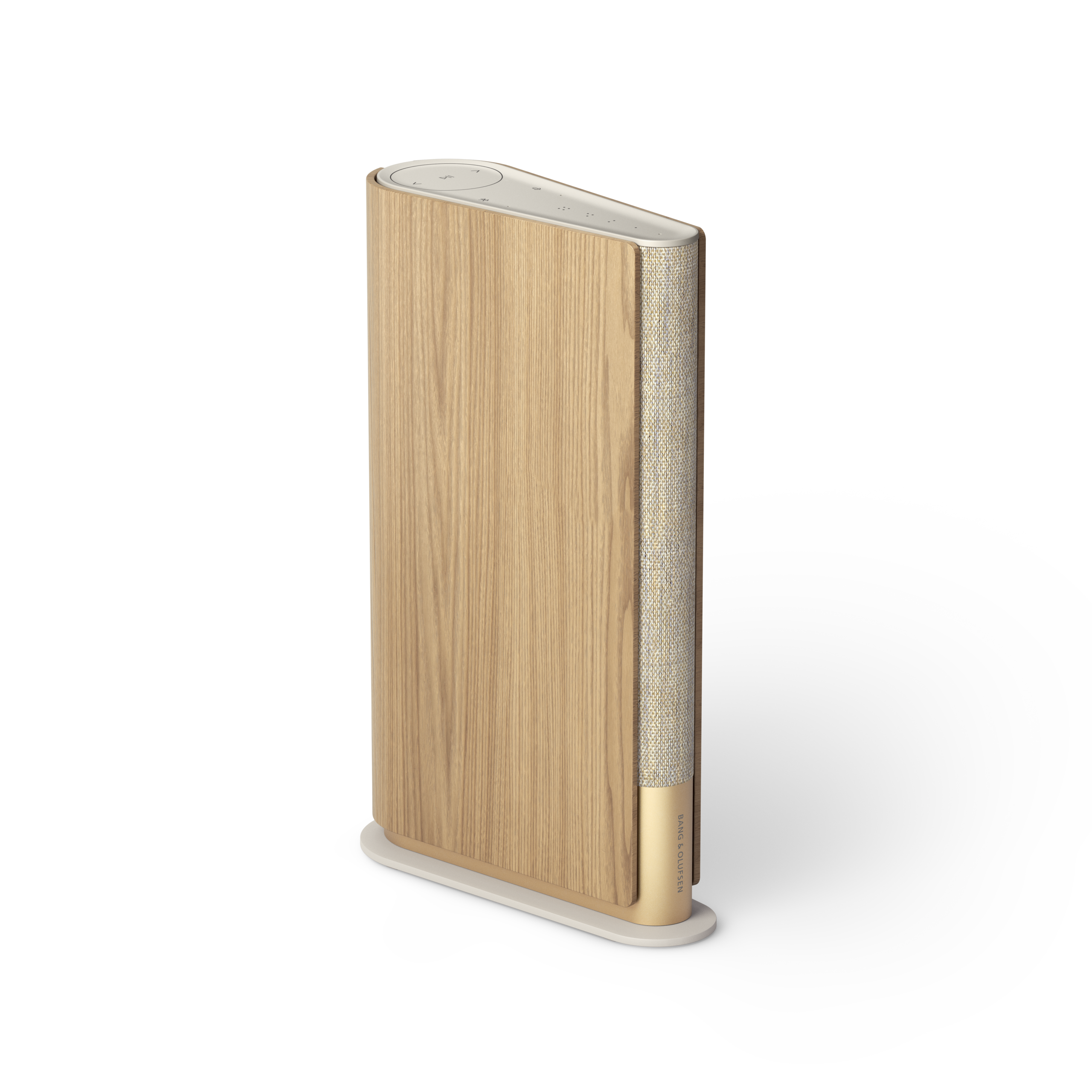 Enceinte de bibliothèque Beosound Emerge en finitions doré et chêne clair