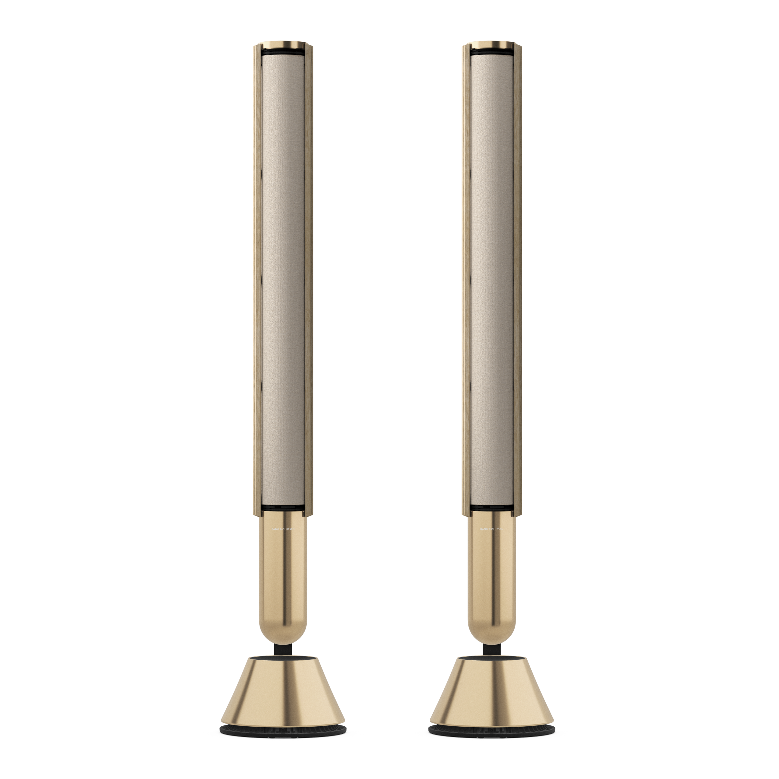 Duo d'enceintes Beolab 28 Bang & Olufsen en finition doré et chêne naturel avec pied de sol
