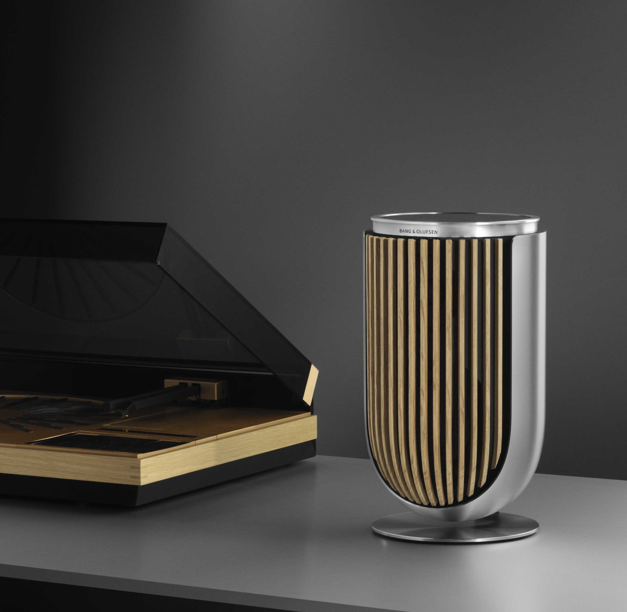 Découvrez Beolab 8 en argent/ chêne clair support de table, enceinte sans fil Bang & Olufsen. Disponible chez Teleprince à Bruxelles, Malines et Liège. Design compact et son précis.