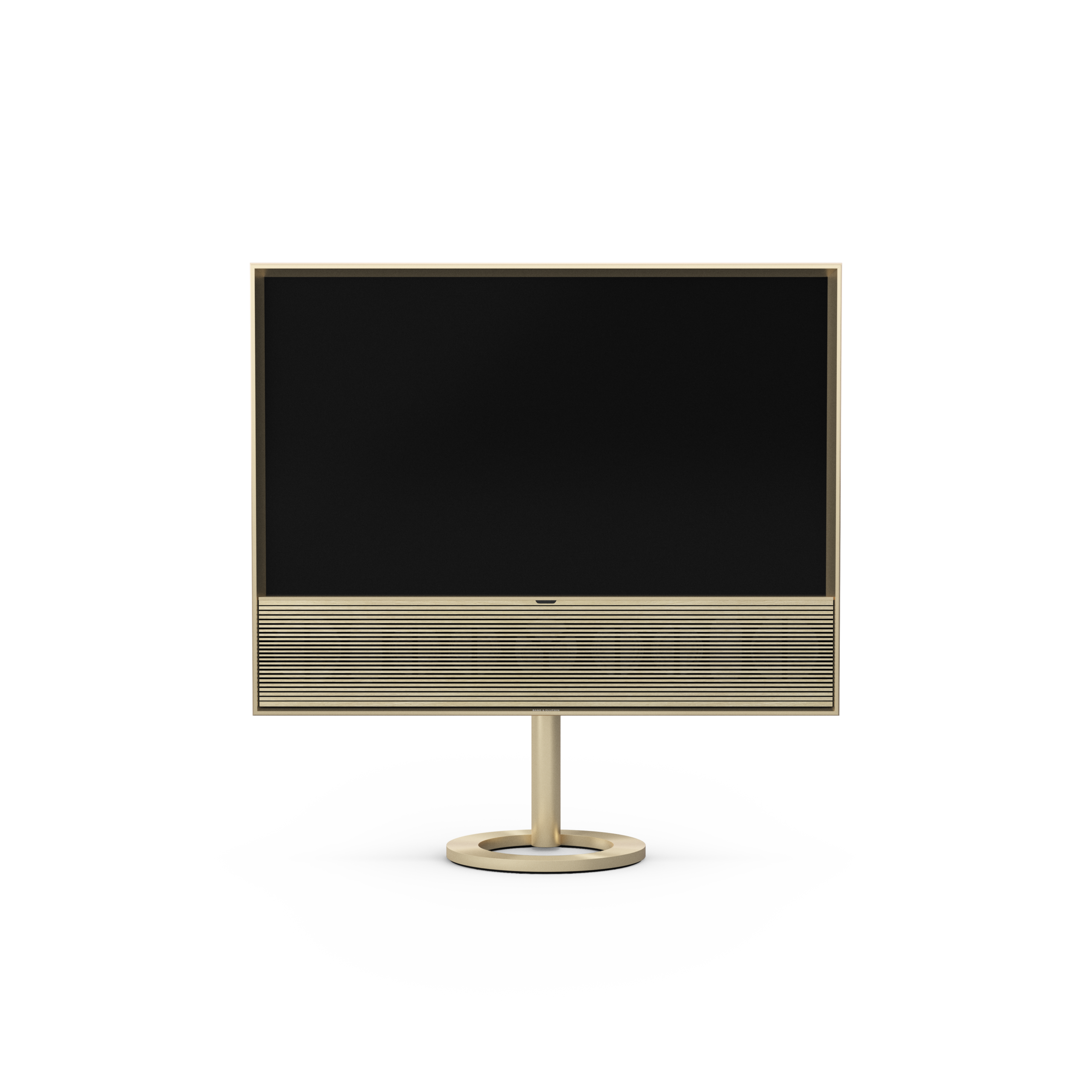 Beovision Contour en finitions chêne clair et ton doré avec support de sol